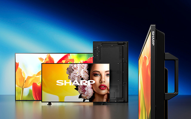 Several large format displays with the Sharp logo